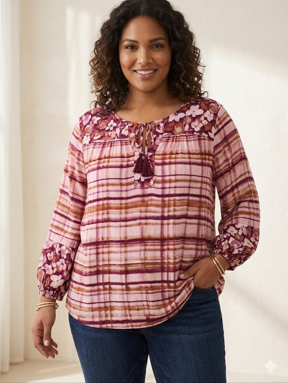 Westbound Pink and Brown Plaid Floral Yoke Tunic Top W/ Tassels NWT
